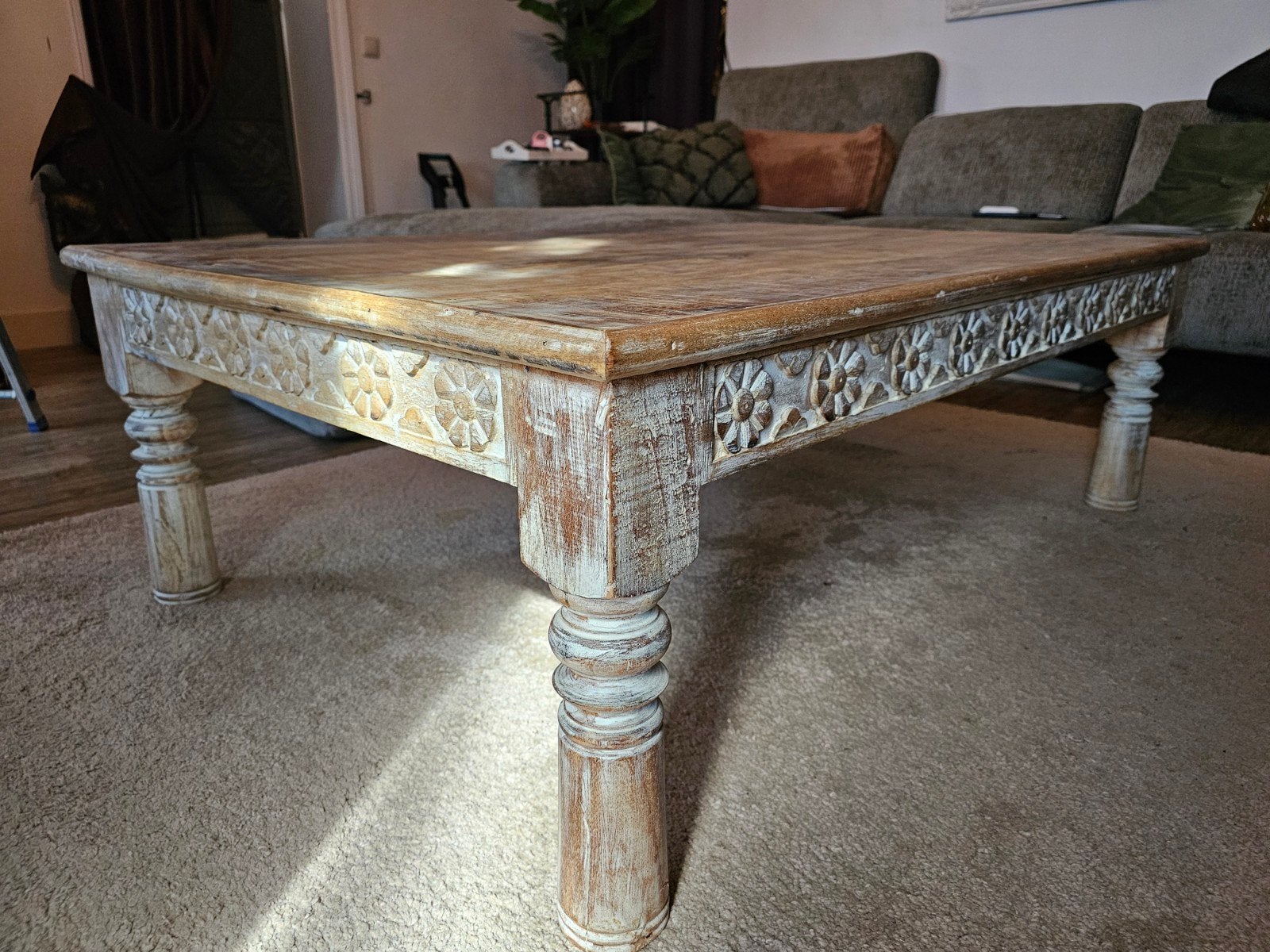 Unieke handgesneden houten salontafel, Ophalen, Gebruikt, 100 tot 150 cm, Overige houtsoorten
