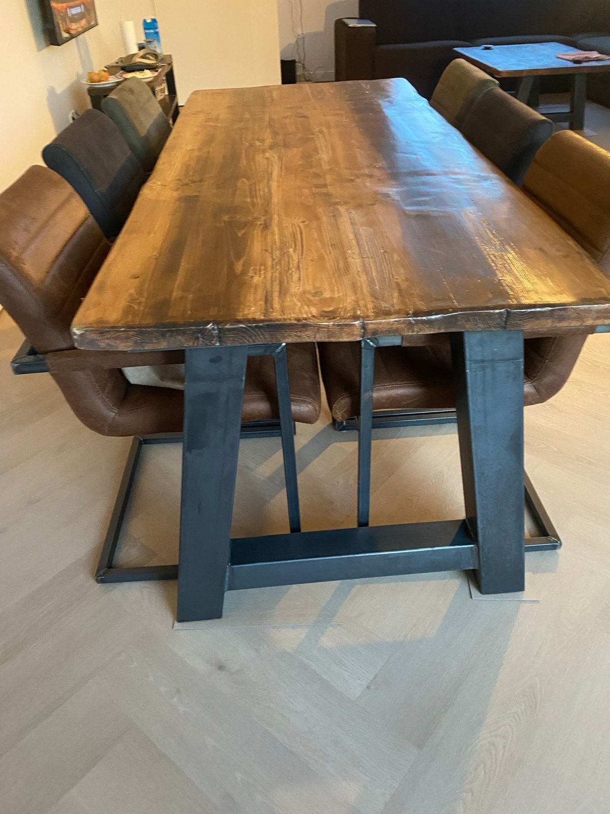 Robuuste eettafel van hout en metaal 2mx90cm en met 6 stoel, Ophalen, Gebruikt, 50 tot 100 cm, 150 tot 200 cm