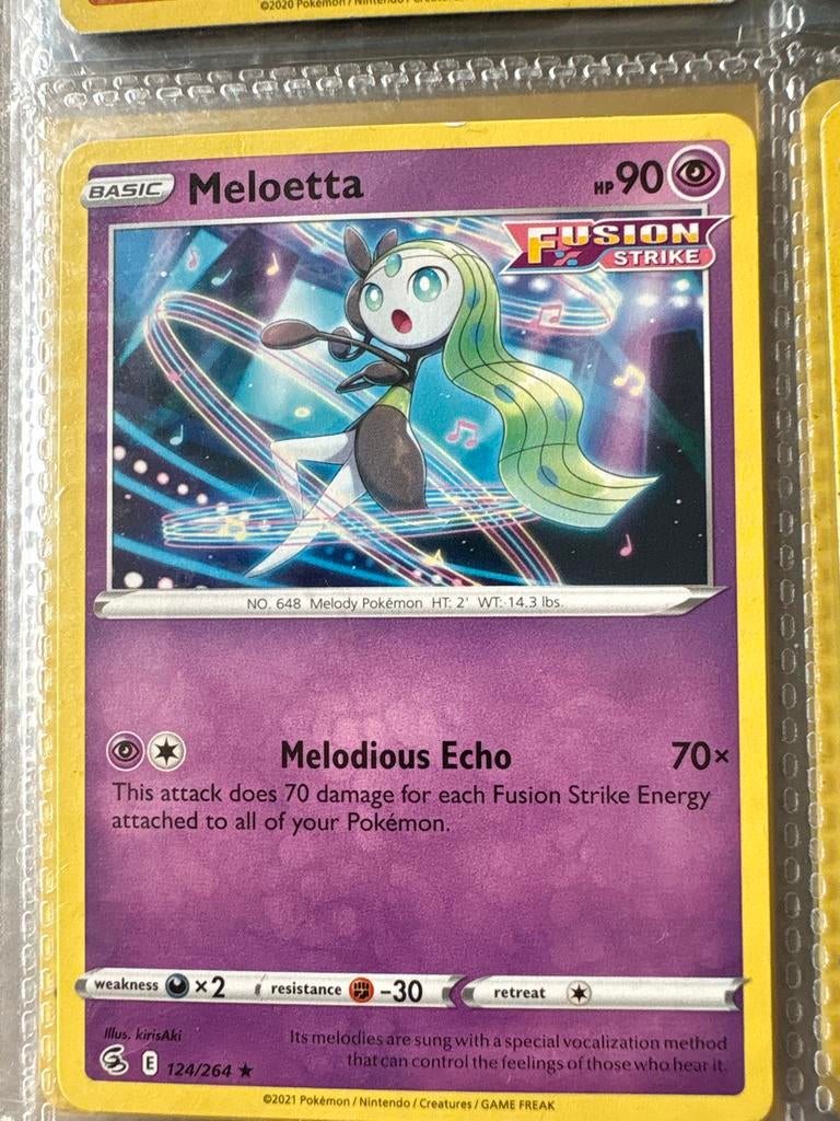 Meloetta Pokémon Kaart Fusion Strike 124/264, Ophalen, Zo goed als nieuw, Losse kaart