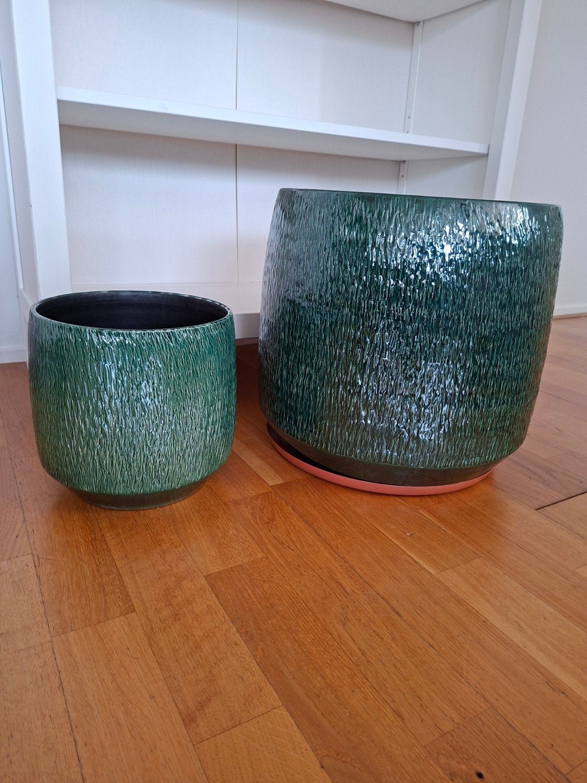 Set van 2 prachtige geglazuurde groene bloempotten van steen, Tuin en Terras, Steen, Gebruikt, Minder dan 40 cm, Ophalen