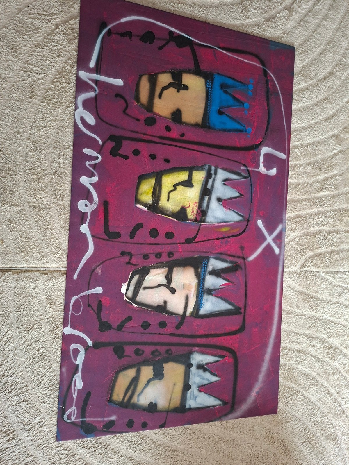 Modern schilderij met 4 figuren en kronen, Antiek en Kunst, Kunst | Schilderijen | Modern, Ophalen, Hout, Handgeschilderd, Figuren