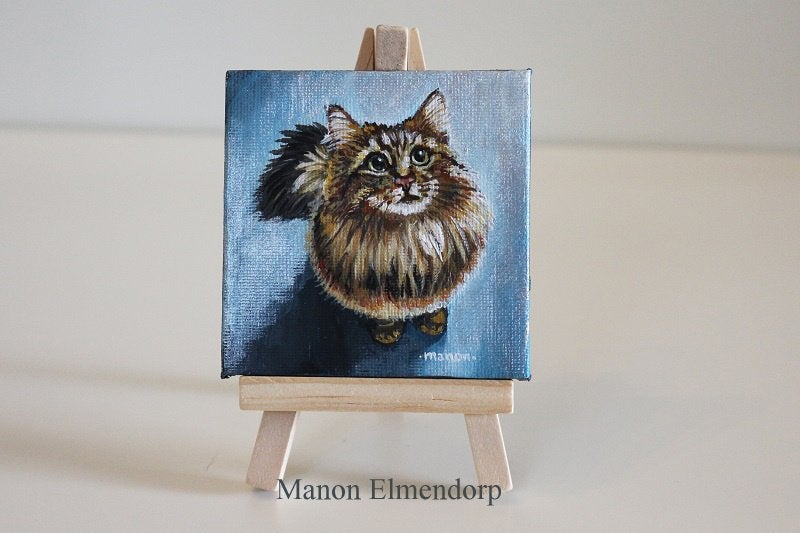 Uniek Handgeschilderd Schilderijtje Kat , Gesigneerd, Ophalen of Verzenden, Op houten frame, Acrylverf, Dieren