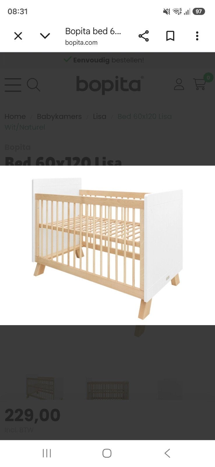 Bopita Lisa Ledikant 60x120 cm met matras en lattenbodem, Gebruikt, 70 tot 85 cm, 140 tot 160 cm, Ophalen