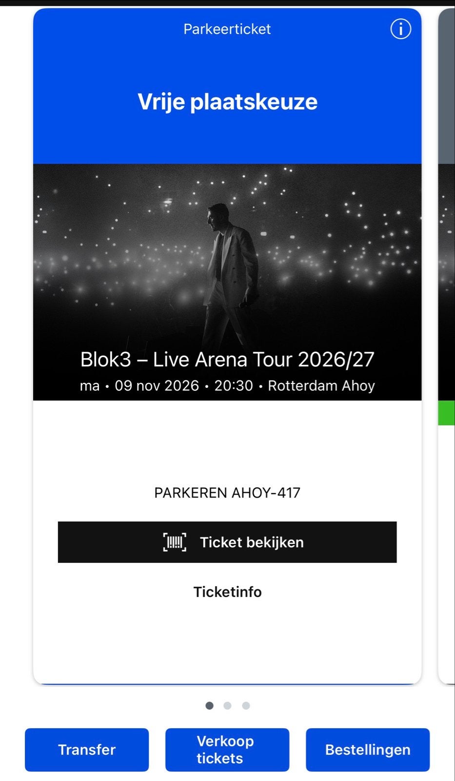 Parkeerticket Rotterdam Ahoy BLOK3 9 november 2026, Tickets en Kaartjes, Eén persoon, November