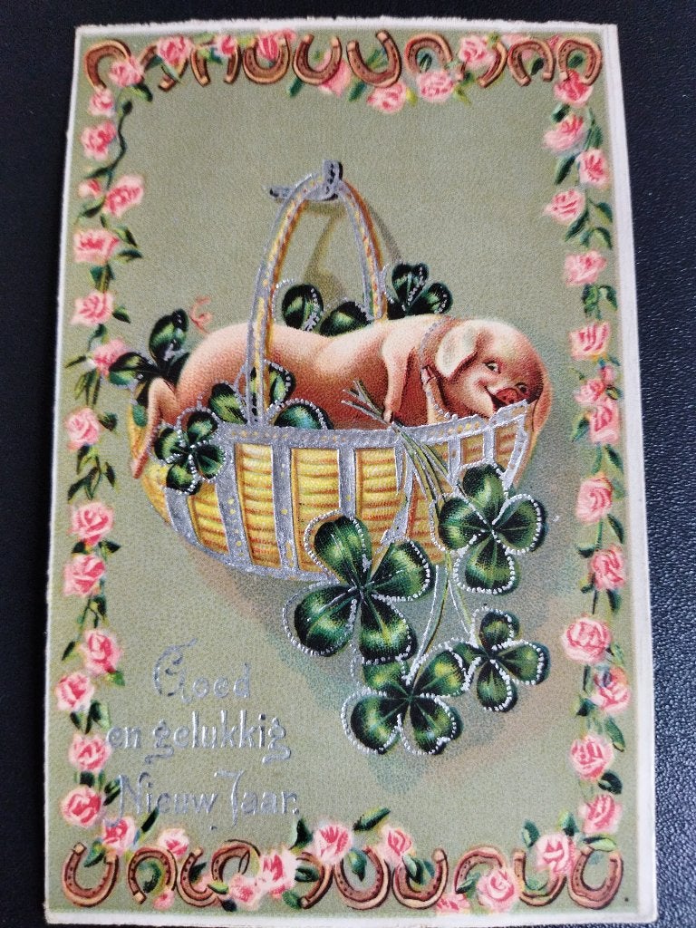 Vintage ansichtkaart Goed en gelukkig Nieuw Jaar varken, Ophalen of Verzenden, 1920 tot 1940, Ongelopen, Feest(dag)