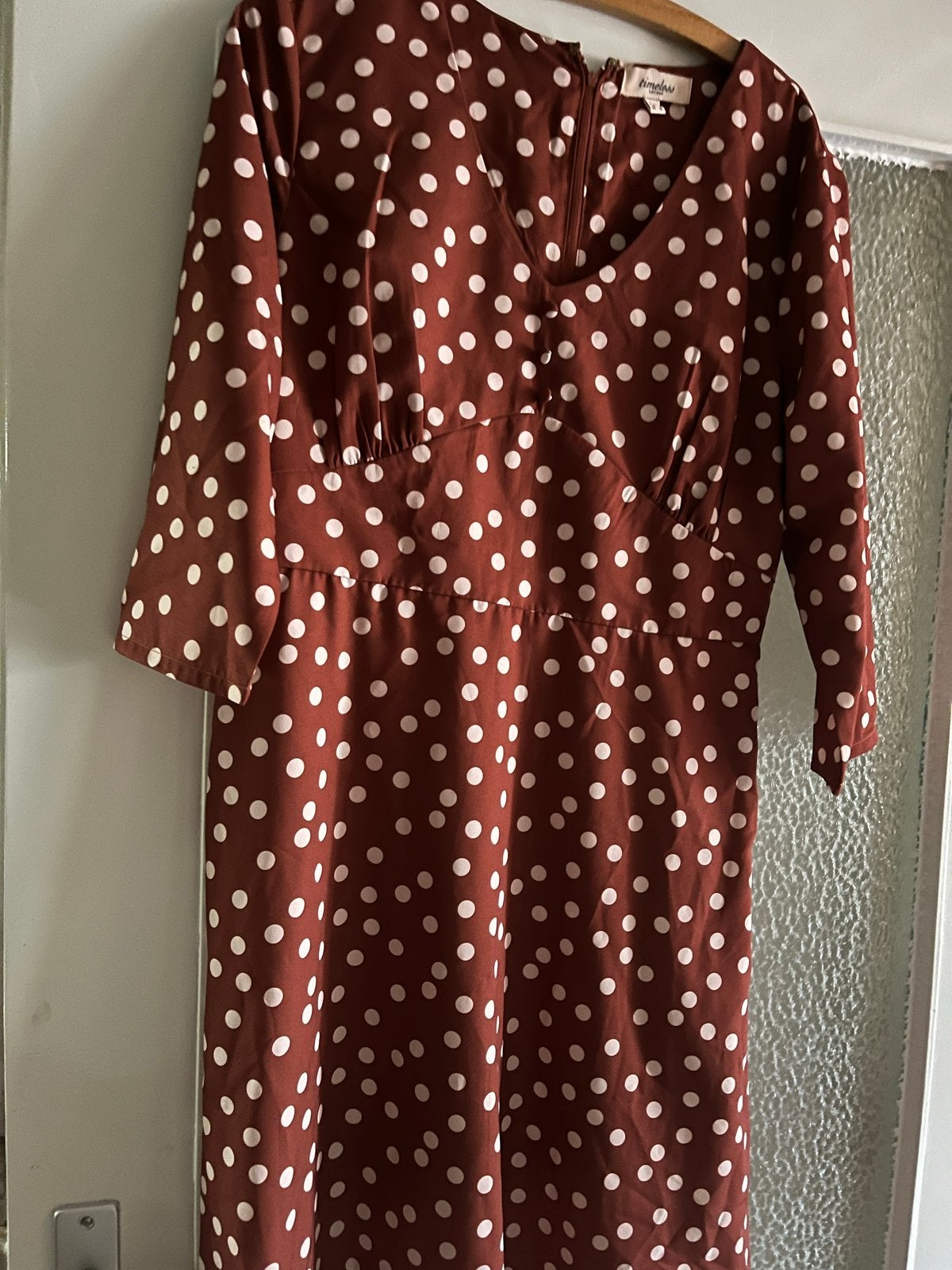 Mooie roestbruine polkadot jurk, Kleding | Dames, Ophalen of Verzenden, Zo goed als nieuw, Bruin, Onder de knie