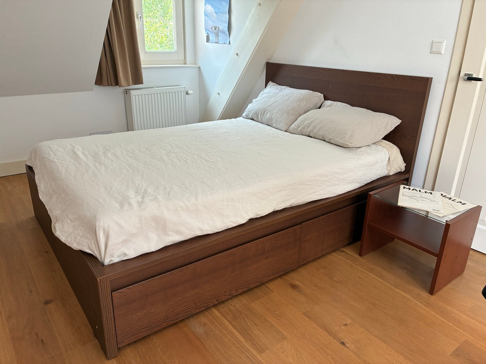 Ikea Malm bed (140x200) met 2 lades en matras - september, Gebruikt, Bruin, Tweepersoons, 200 cm