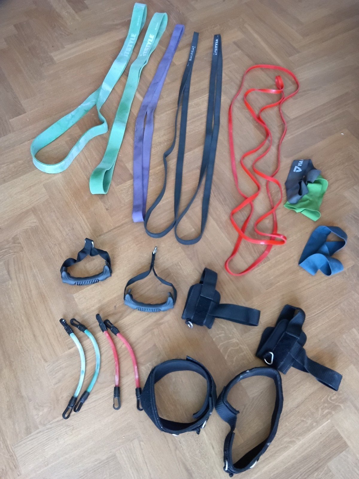 Weerstandsbanden set met handvatten en enkelbanden, Sport en Fitness, Fitnessmaterialen, Gebruikt, Weerstandband, Armen, Benen