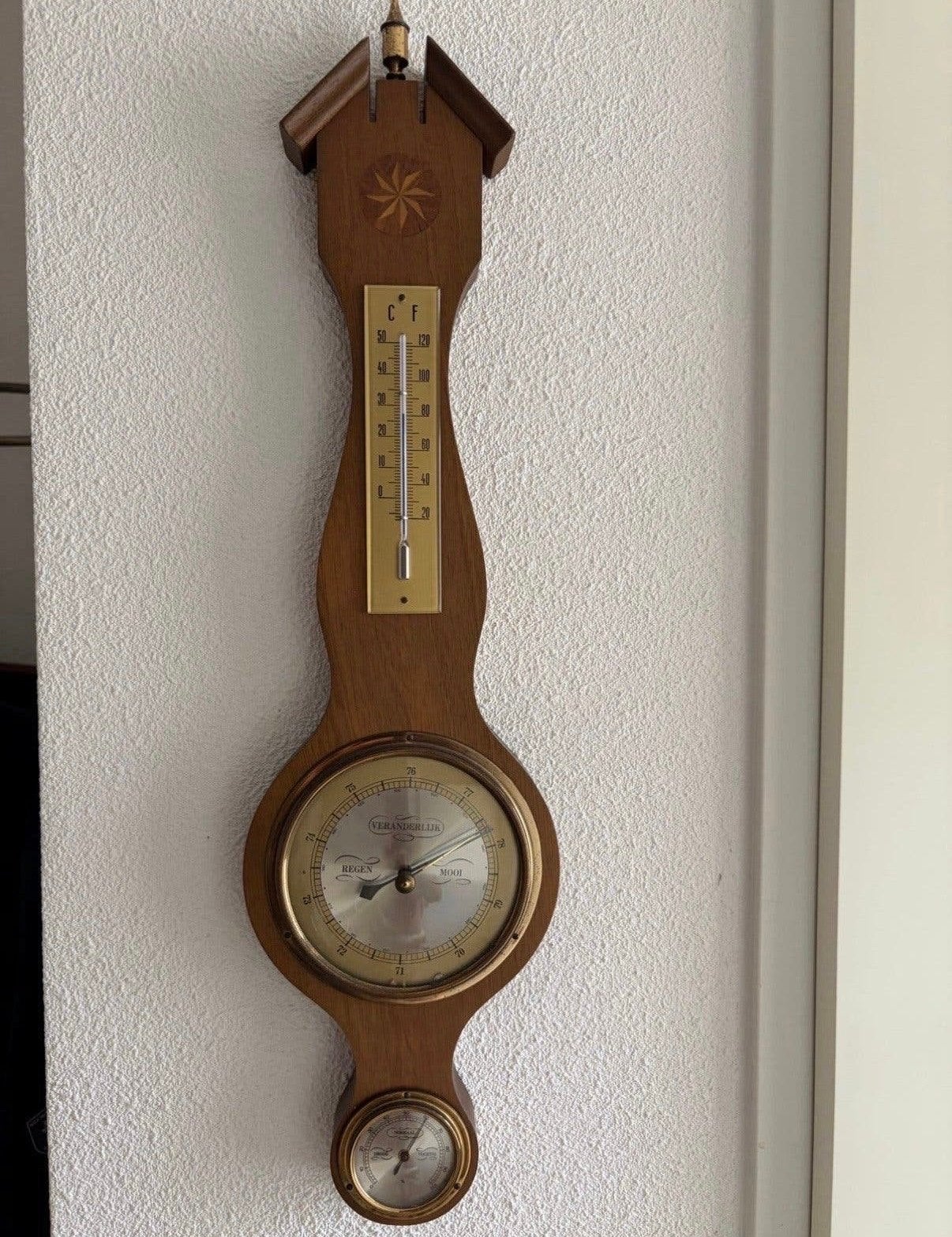 Vintage Houten Weerstation met Thermometer en Barometer, Ophalen of Verzenden, Gebruikt, Weerstation