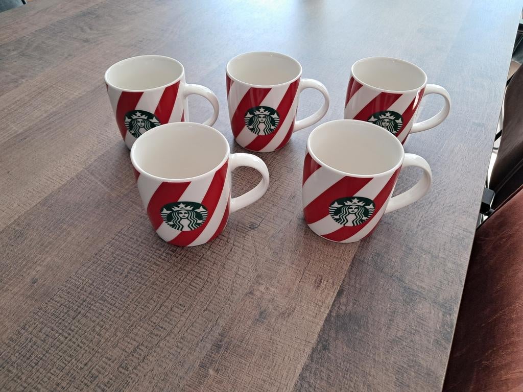Set van 5 Starbucks mokken- Rood/Wit gestreept, Overige typen, Nieuw, Ophalen of Verzenden, Steen/keramiek
