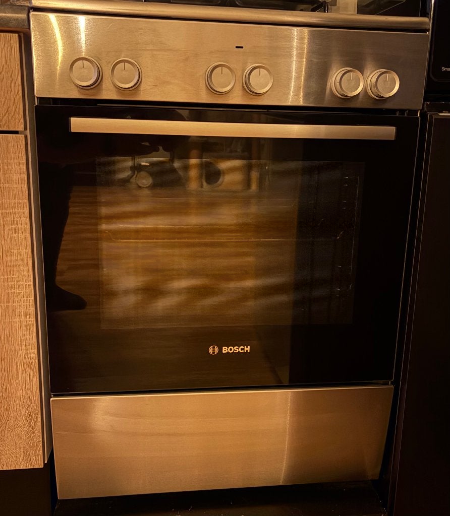 Bosch gasfornuis met oven, Ophalen, Gebruikt, Hete lucht, 60 cm of meer