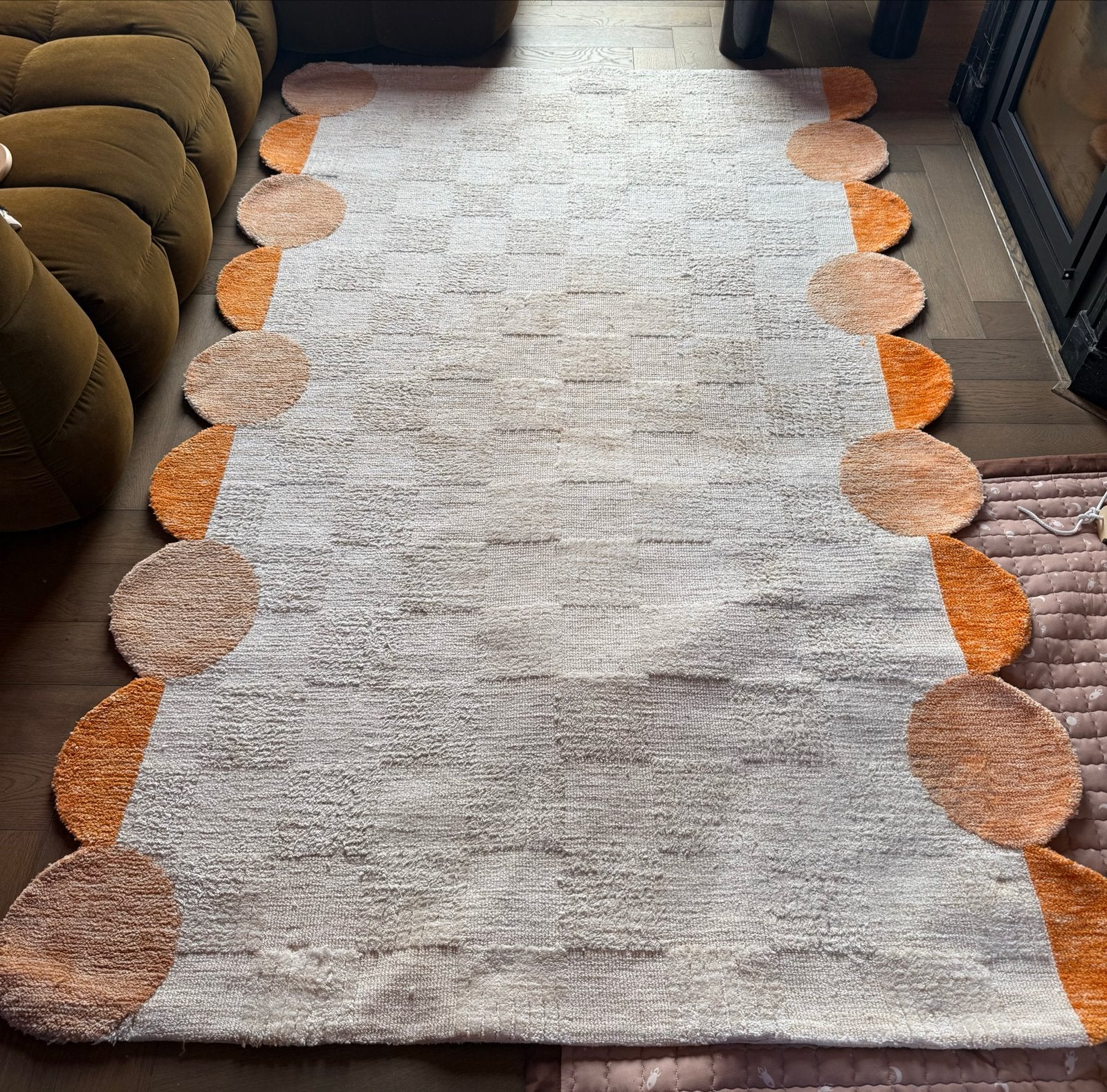 Vloerkleed met Scallop Rand - Crème/Oranje, Ophalen, 150 tot 200 cm, 200 cm of meer, Zo goed als nieuw