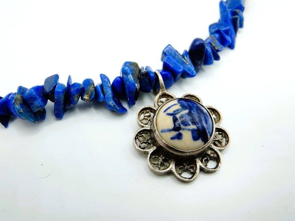 Lapis lazuli ketting met zilveren Delfts blauwe hanger., Info@zilverwebsite.nl, Zo goed als nieuw, Zilverwebsite.nl, Postbus 112