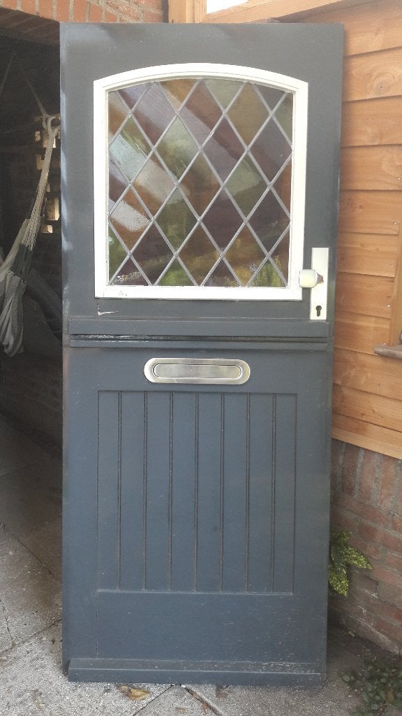Voordeur 197x83x4 Merbau met Glas in lood, Ophalen, Gebruikt, 80 tot 100 cm, Minder dan 200 cm
