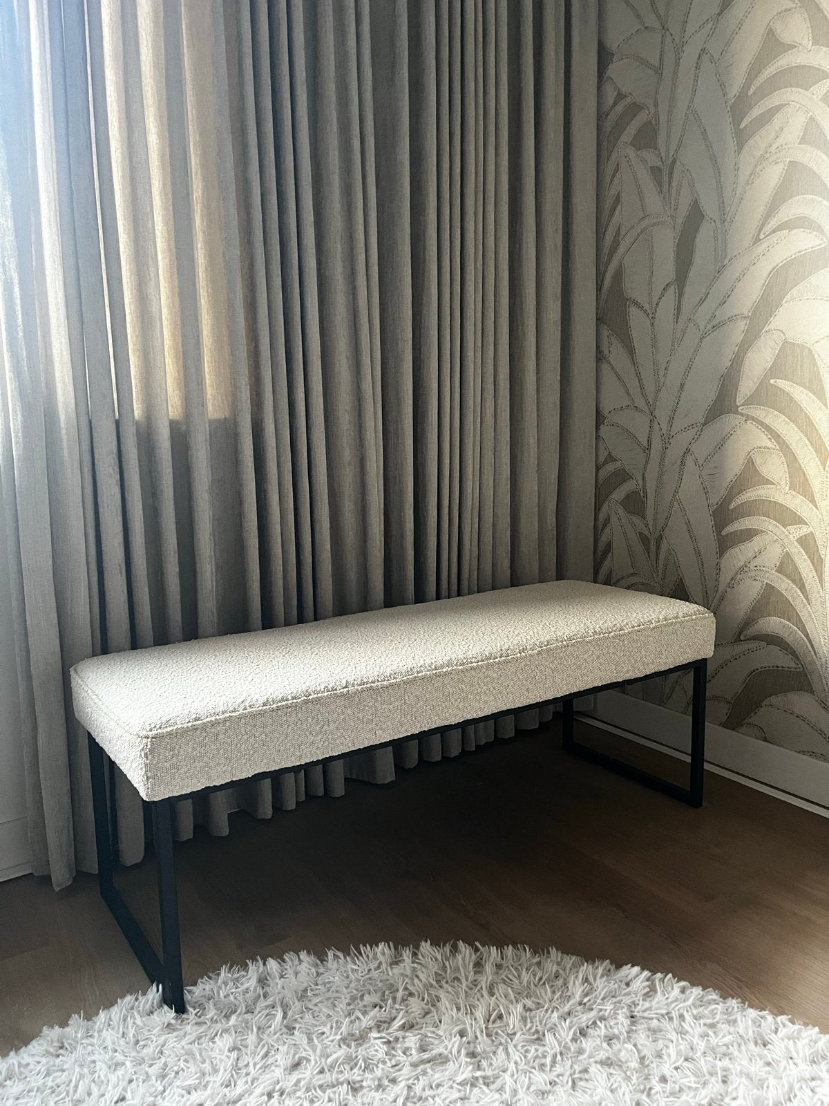 Karwei bankje Pien bouclé - Stijlvol en comfortabel, Ophalen, Minder dan 50 cm, 100 tot 125 cm, Zo goed als nieuw