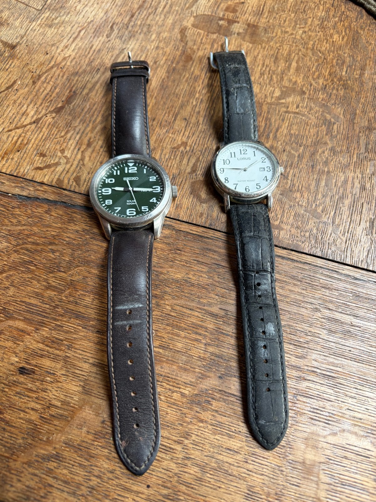 2 Herenhorloges: Seiko Solar met datum en Lotus, Ophalen, Seiko, Staal, Polshorloge
