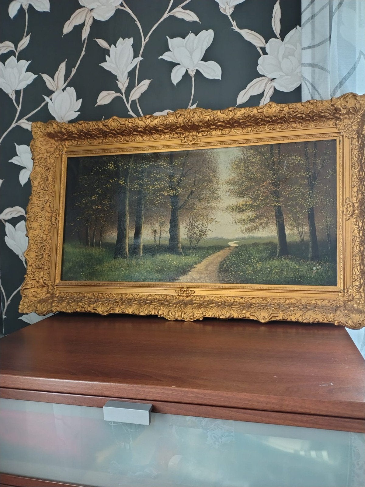 Schilderij Landschap met Bospad - Beschadigd Doek, Antiek en Kunst, Ophalen of Verzenden