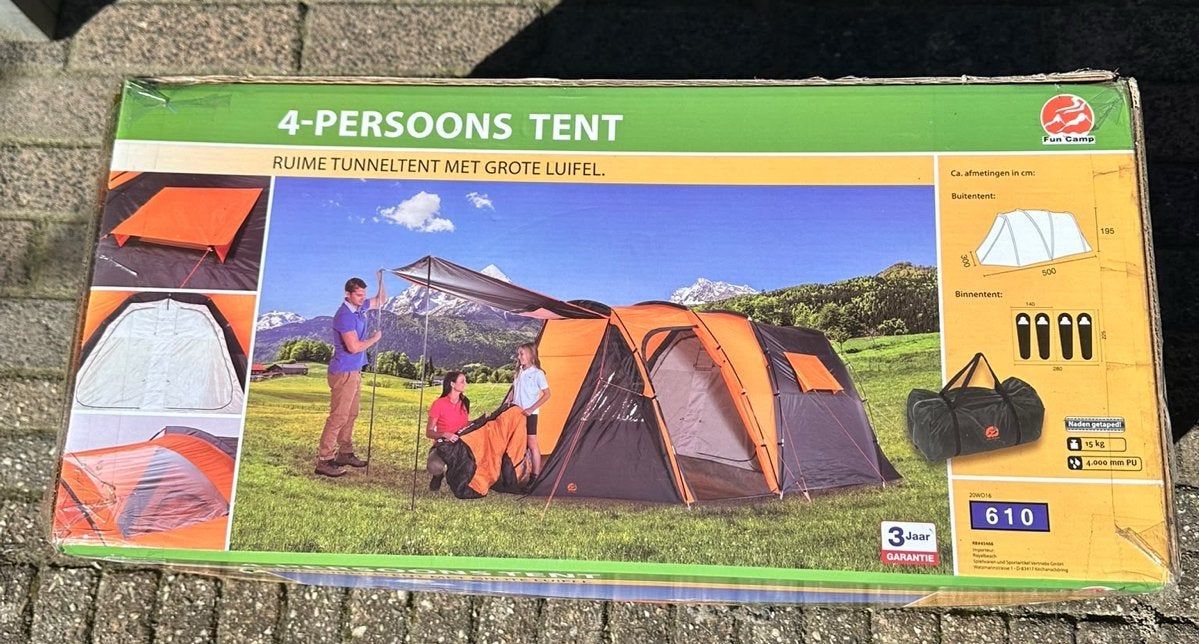 Nieuw Fun Camp 4-persoons tunneltent met luifel, Ophalen, Nieuw, Tot en met 4