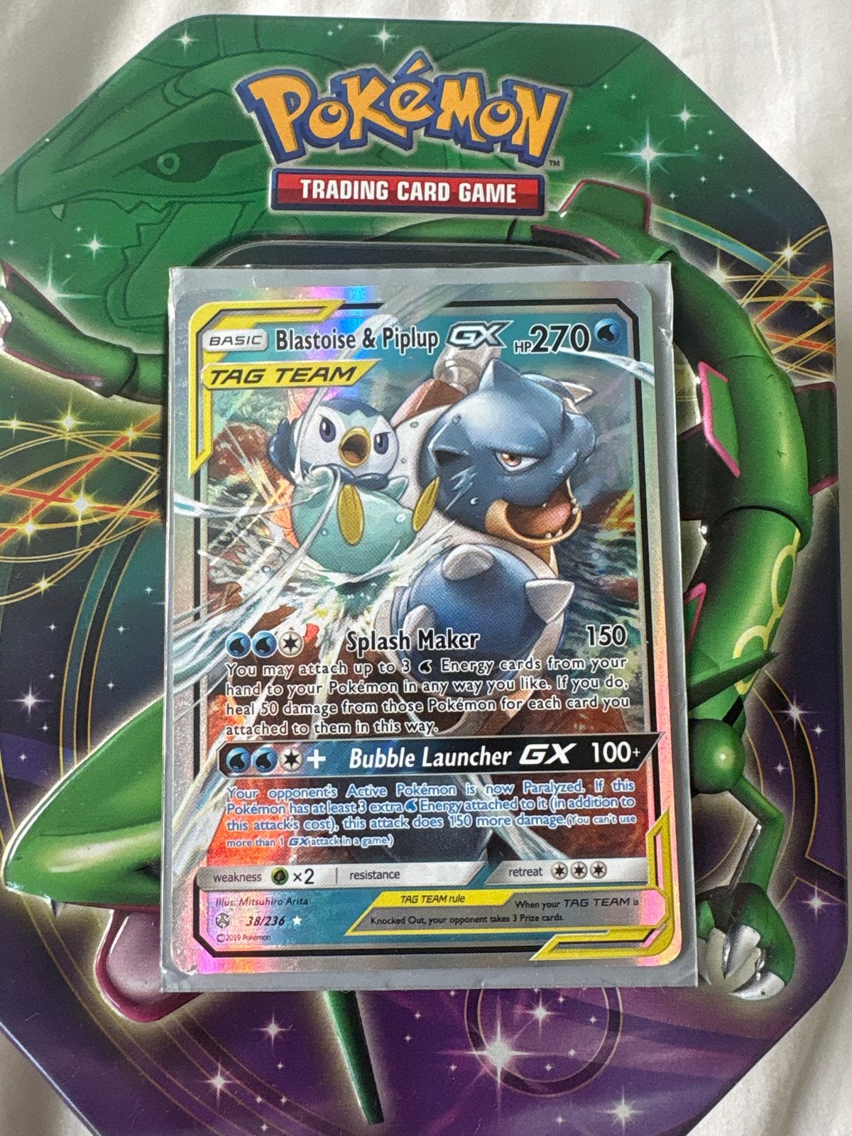 Blastoise & Piplup GX TAG TEAM Pokemon kaart, Ophalen of Verzenden, Zo goed als nieuw, Losse kaart