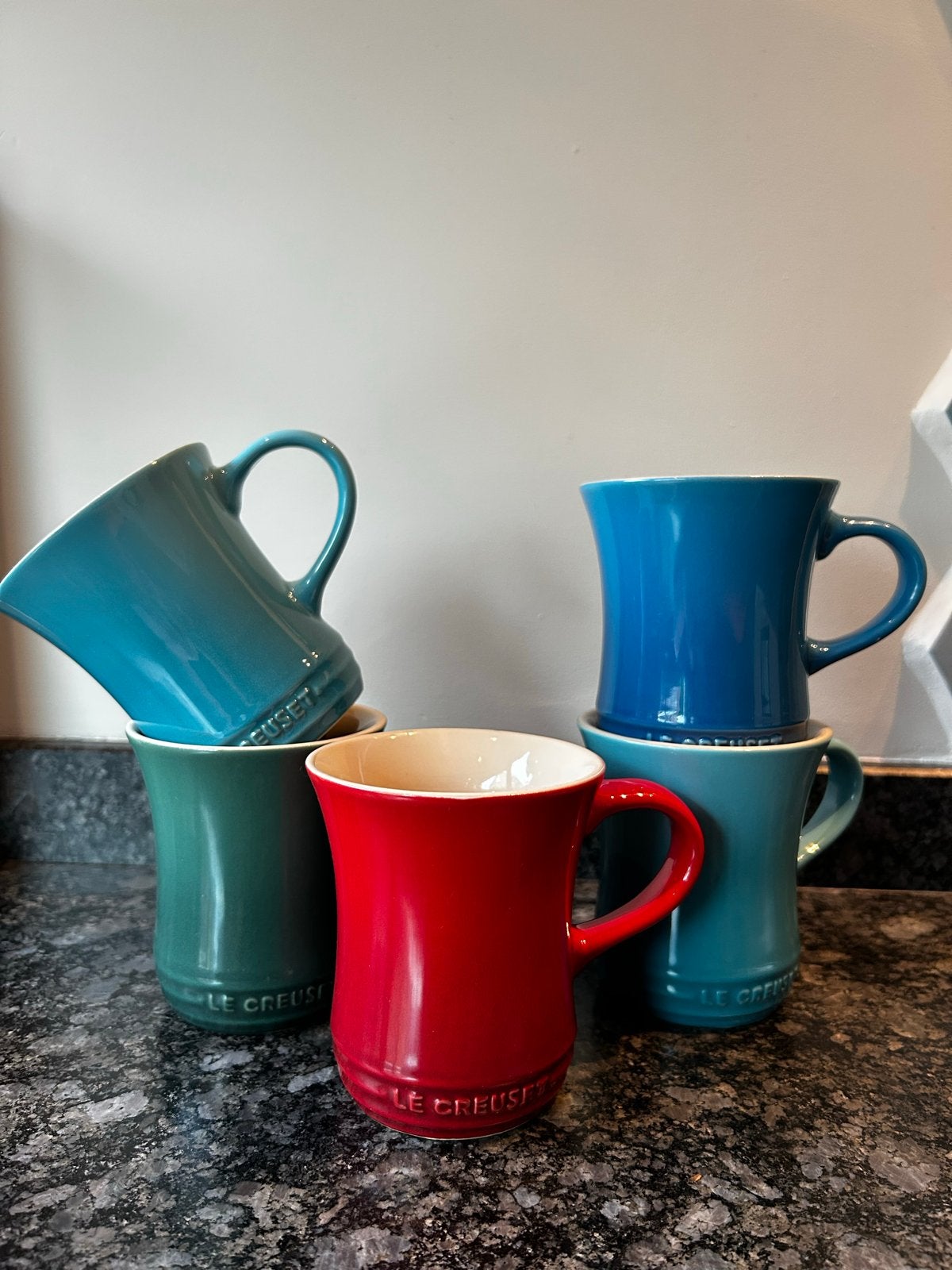 Le Creuset Theemokken 220 ml - Blauw, Groen en Rood, Gebruikt, Keramiek, Ophalen of Verzenden, Effen
