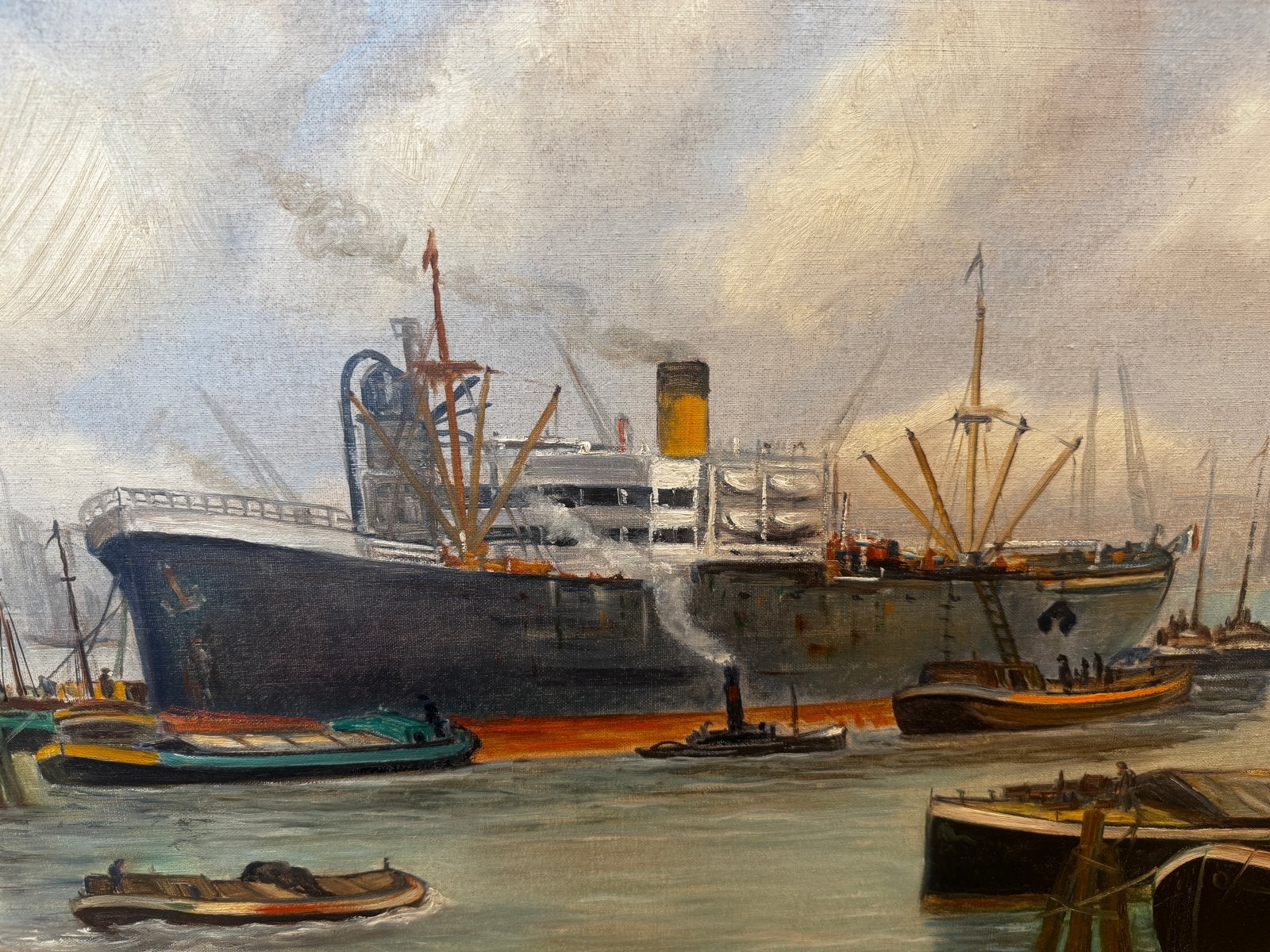 Olieverf schilderij van de 20eeuwse Rotterdamse Haven, Antiek en Kunst, Ophalen, Maritiem / water, Doek, Realistisch
