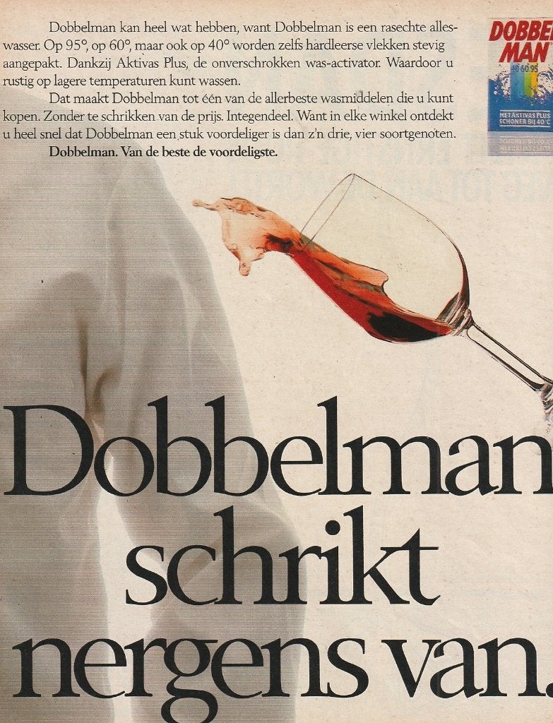 Retro reclame 1986 Dobbelman wasmiddel schrikt nergens van, Verzamelen, Verzenden, Overige typen