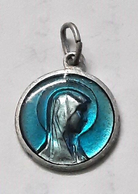 Vintage Lourdes Medaille Maria met Blauw Emaille. Grotscène, Verzamelen, Religie, Zo goed als nieuw, Christendom | Katholiek, Sieraad