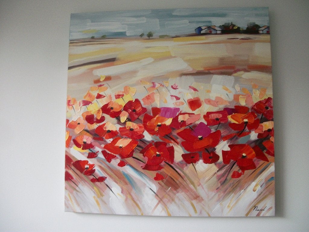 Schilderij Bloemen - Rood Beige - 70 x 70 - Nieuw, Antiek en Kunst, Kunst | Schilderijen | Abstract, Ophalen