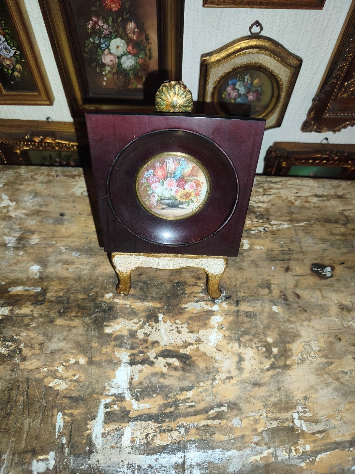 oud schilderijtje schilderij lijst stilleven bloemen Y35, Ophalen of Verzenden
