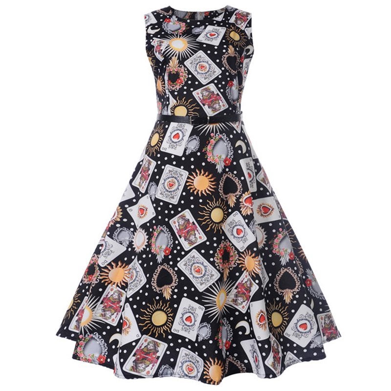 Vintage zwarte kaarten jurk rockabilly jurkje dames vrouwen, Maat 38/40 (M), Verzenden, Zwart, Nieuw