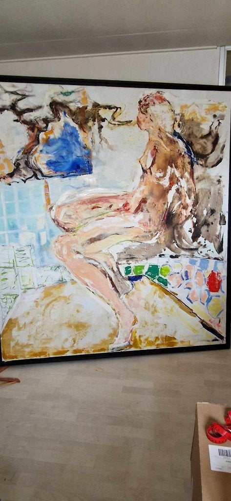 Paul de Lussanet -zittend naakt (gesigneerd)(H 193 x B 182), Ophalen, Textiel, Op houten frame, Abstract