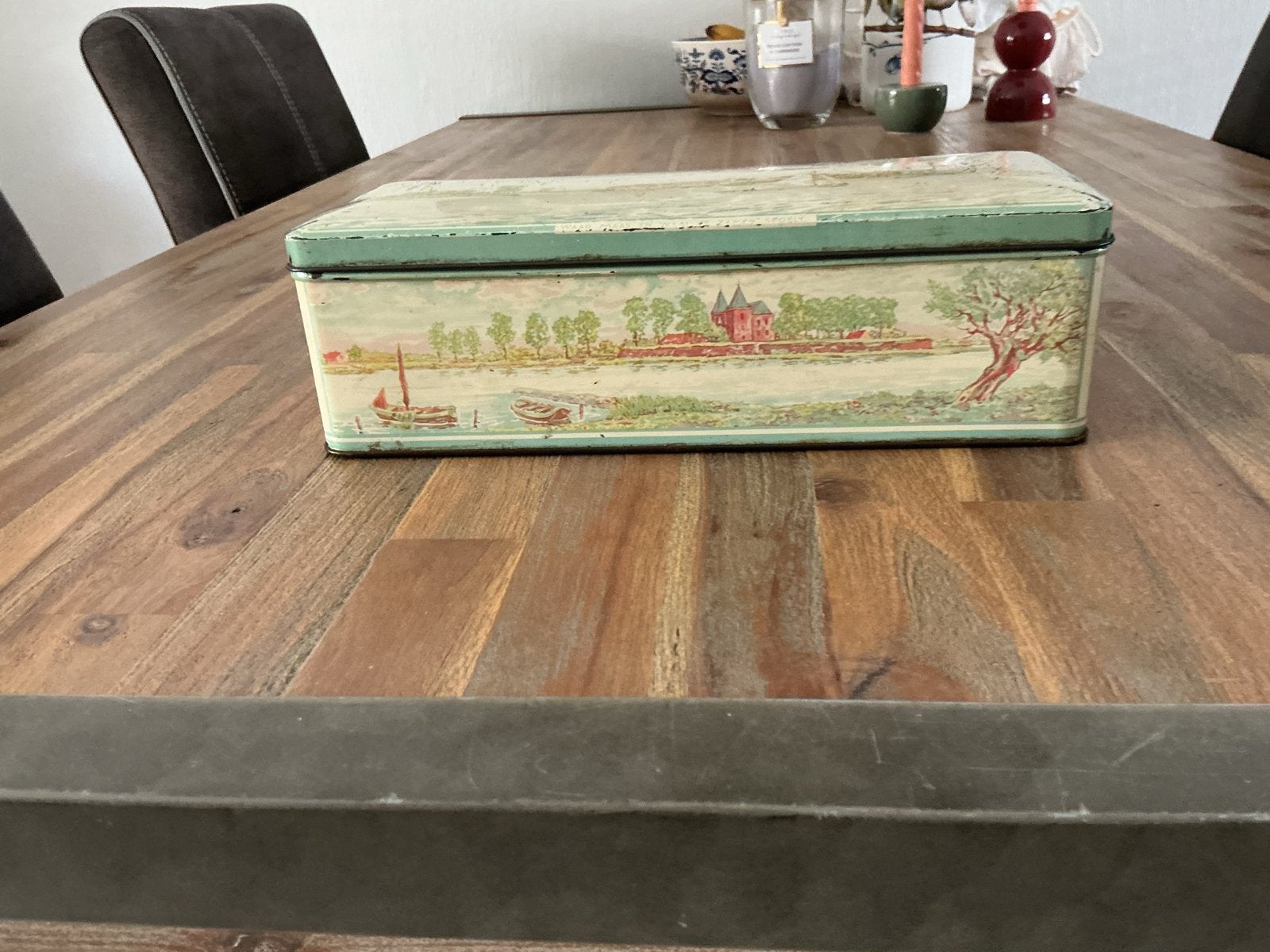 Vintage blikken trommel met landschap en huisje, Ophalen of Verzenden