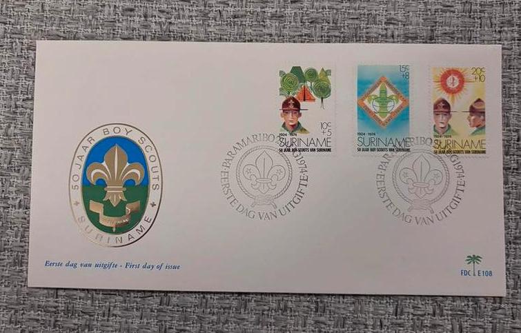 FDC Suriname 50 Jaar Scouting Boy Scouts 1974 - Onbes. MP01, Ophalen of Verzenden, Nieuw, Overige typen