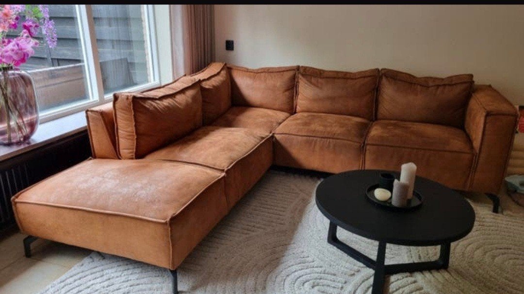 Comfortabele Hoekbank - Bruin Microleer, Huis en Inrichting, Banken | Bankstellen, Gebruikt, Hoekbank, 300 cm of meer, Stof
