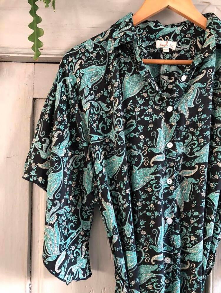 Prachtige zijdenachtige Spaanse paisley maxi JURK Mt 42 - 46, Ophalen, Blauw, Maat 46/48 (XL) of groter, Zo goed als nieuw