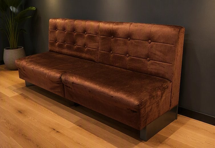2x Eettafelbank - bruin/brons velours | 2.42 m (2x 1.21 m), Huis en Inrichting, Ophalen, Gebruikt, Rechte bank, Stof