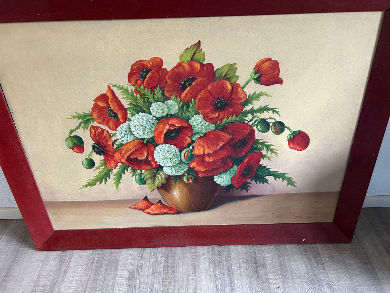 Schilderij met klaprozen in vaas - 112x80 cm, Ophalen, Stilleven, Klassiek, Ingelijst