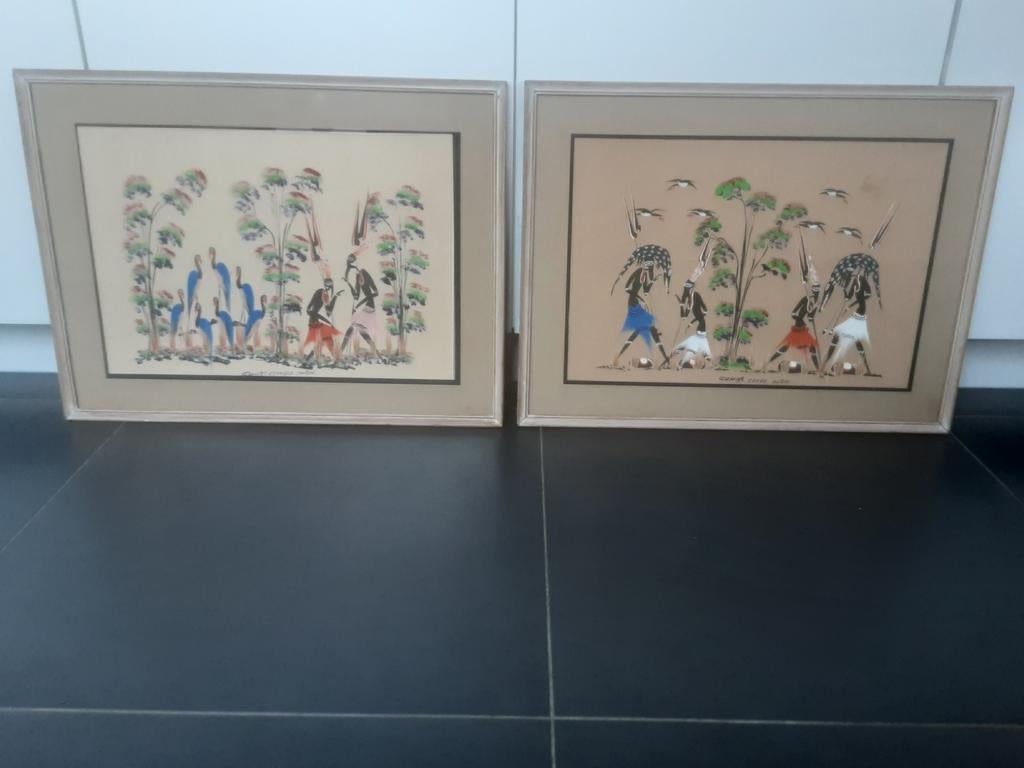 Twee ingelijste Afrikaanse kunstwerken Gank Mataoli, Antiek en Kunst, Ophalen of Verzenden