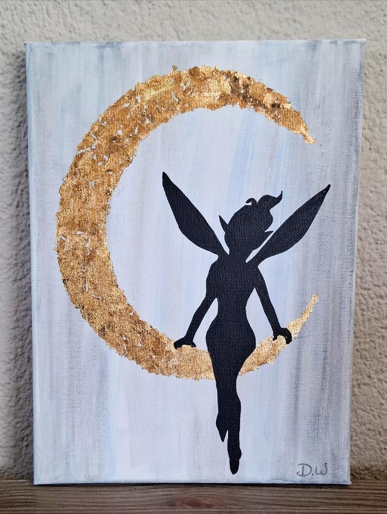Schilderij elfje op goudkleurige maan, Ophalen of Verzenden