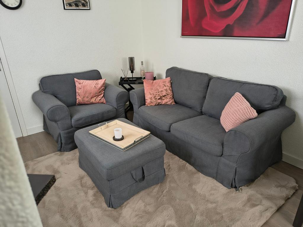 Ikea Ektorp 2-zitsbank, fauteuil en poef, Huis en Inrichting, Ophalen, Gebruikt, 150 tot 200 cm, Tweepersoons