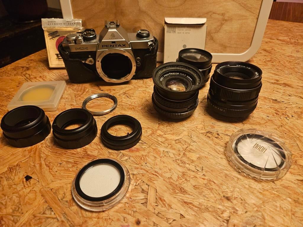 Pentax MX analoge SLR-set met 3 lenzen en accessoires, Audio, Tv en Foto, Fotocamera's Analoog, Ophalen of Verzenden, Zo goed als nieuw