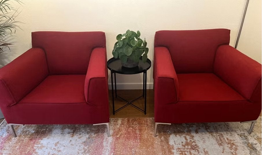 2 wollen rode fauteuils van design on stock, model Bloq, Huis en Inrichting, Fauteuils, Ophalen, 75 tot 100 cm, Zo goed als nieuw