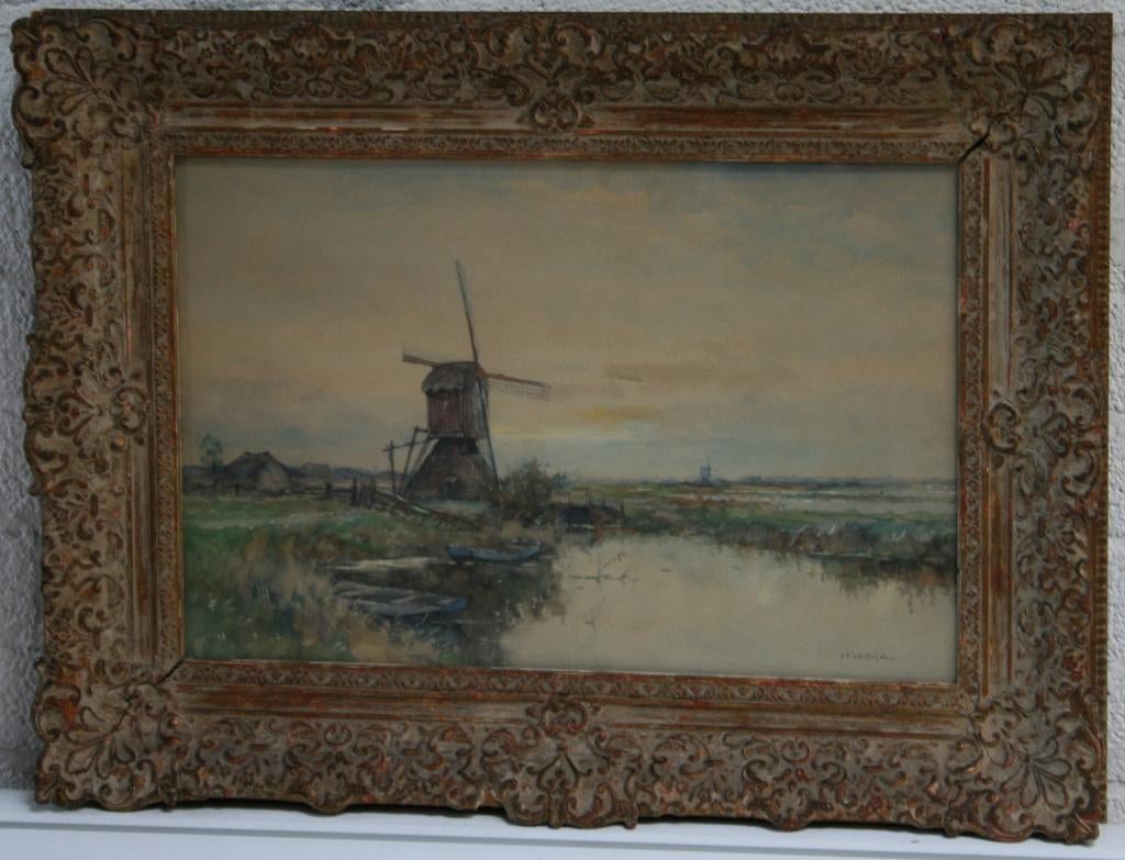 J.C. v.d. Heijden - poldermolens en bootjes - aquarel, Antiek en Kunst, Kunst | Schilderijen | Klassiek, Ophalen