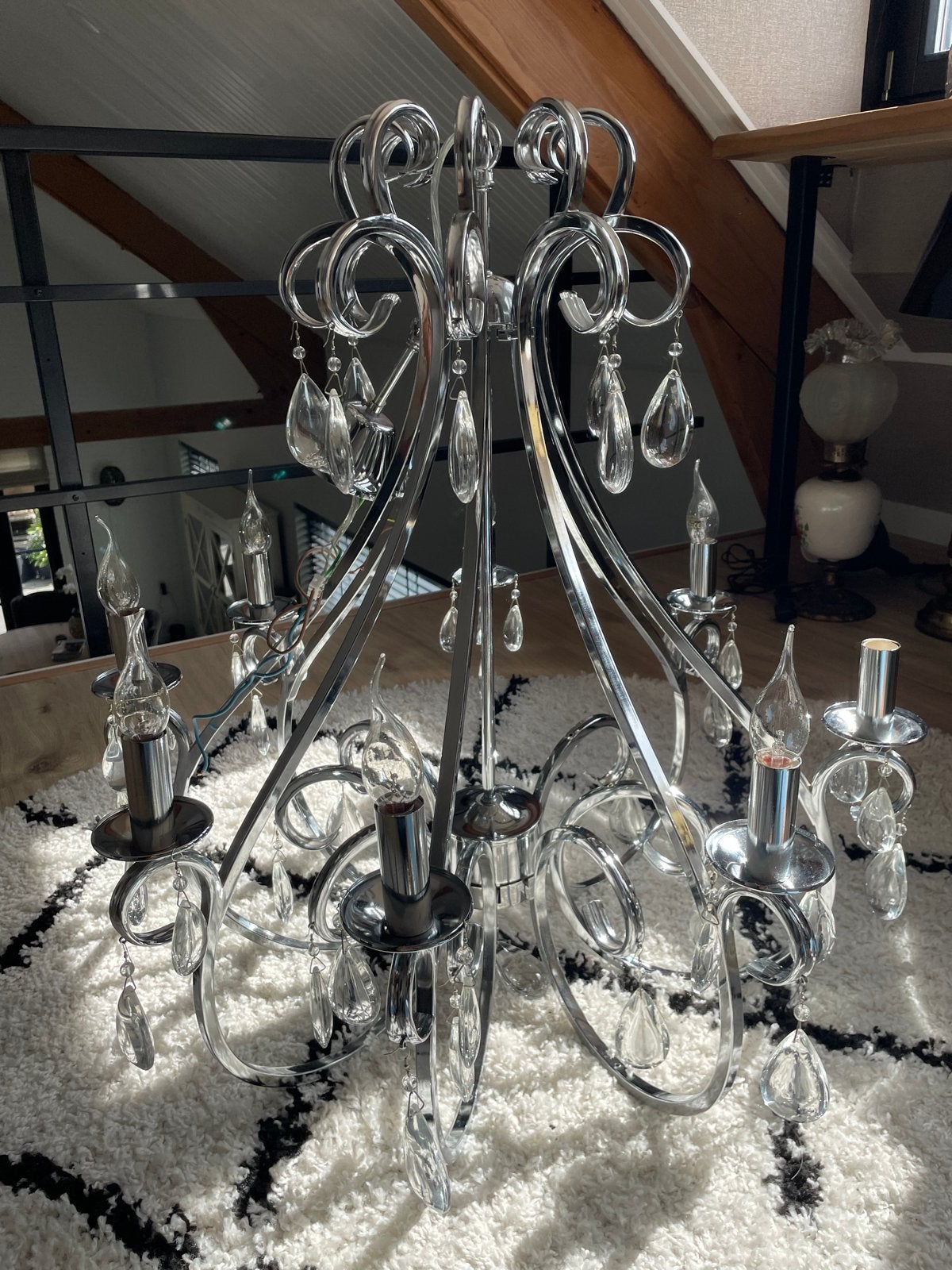 Moderne Chrome Kroonluchter met Kristallen - 8 Lichten, Ophalen, Zo goed als nieuw, Metaal, E14 (klein)