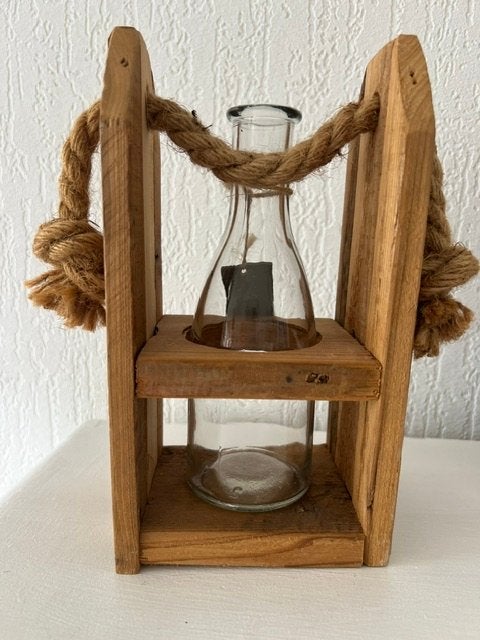 Decoratief houten frame met glazen vaasje zonder bloemen, Bruin, Ophalen of Verzenden, Zo goed als nieuw, Geschikt voor droogbloemen