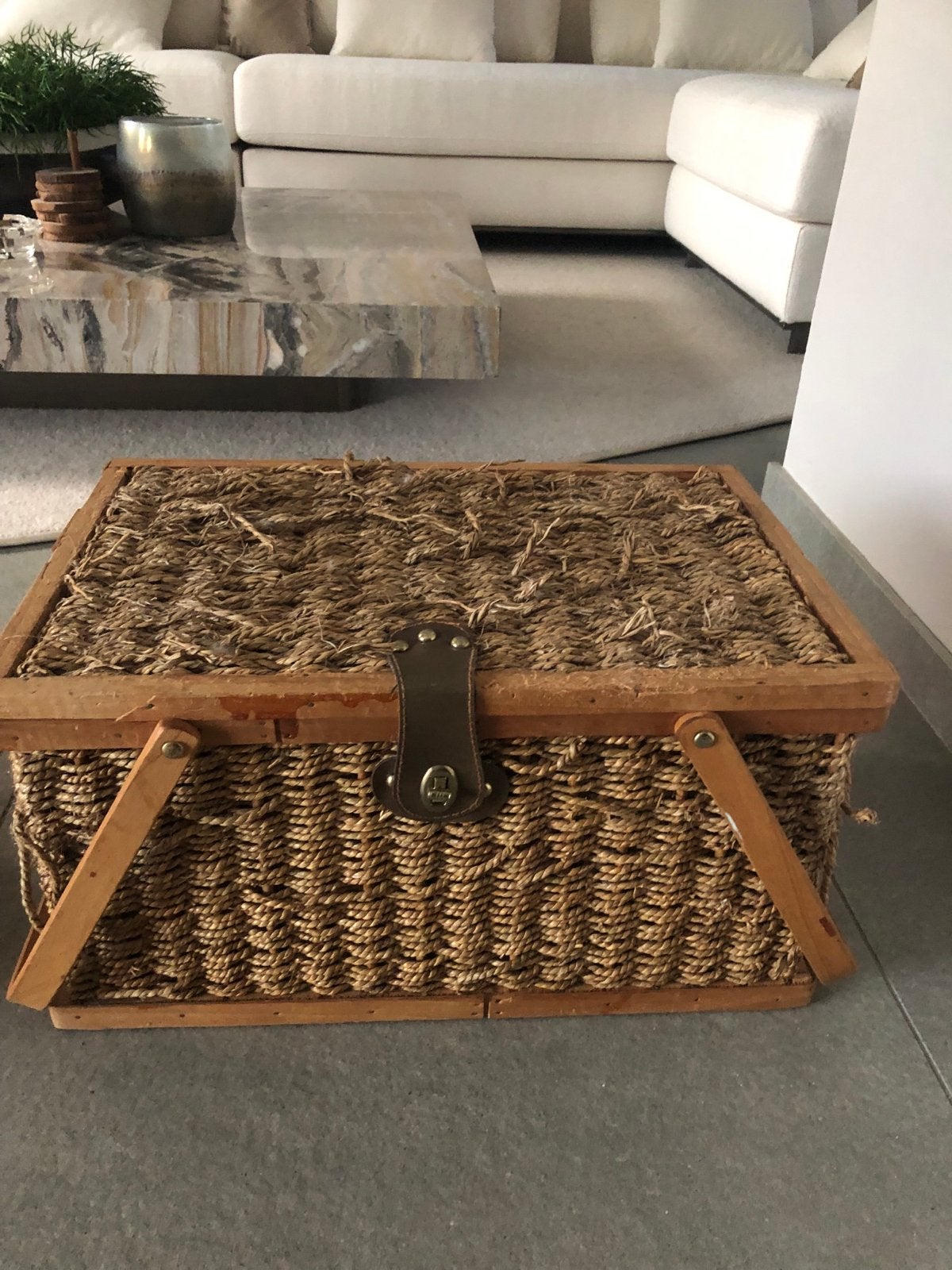 Vintage picknickmand met houten frame en denim voering, Ophalen of Verzenden, Gebruikt