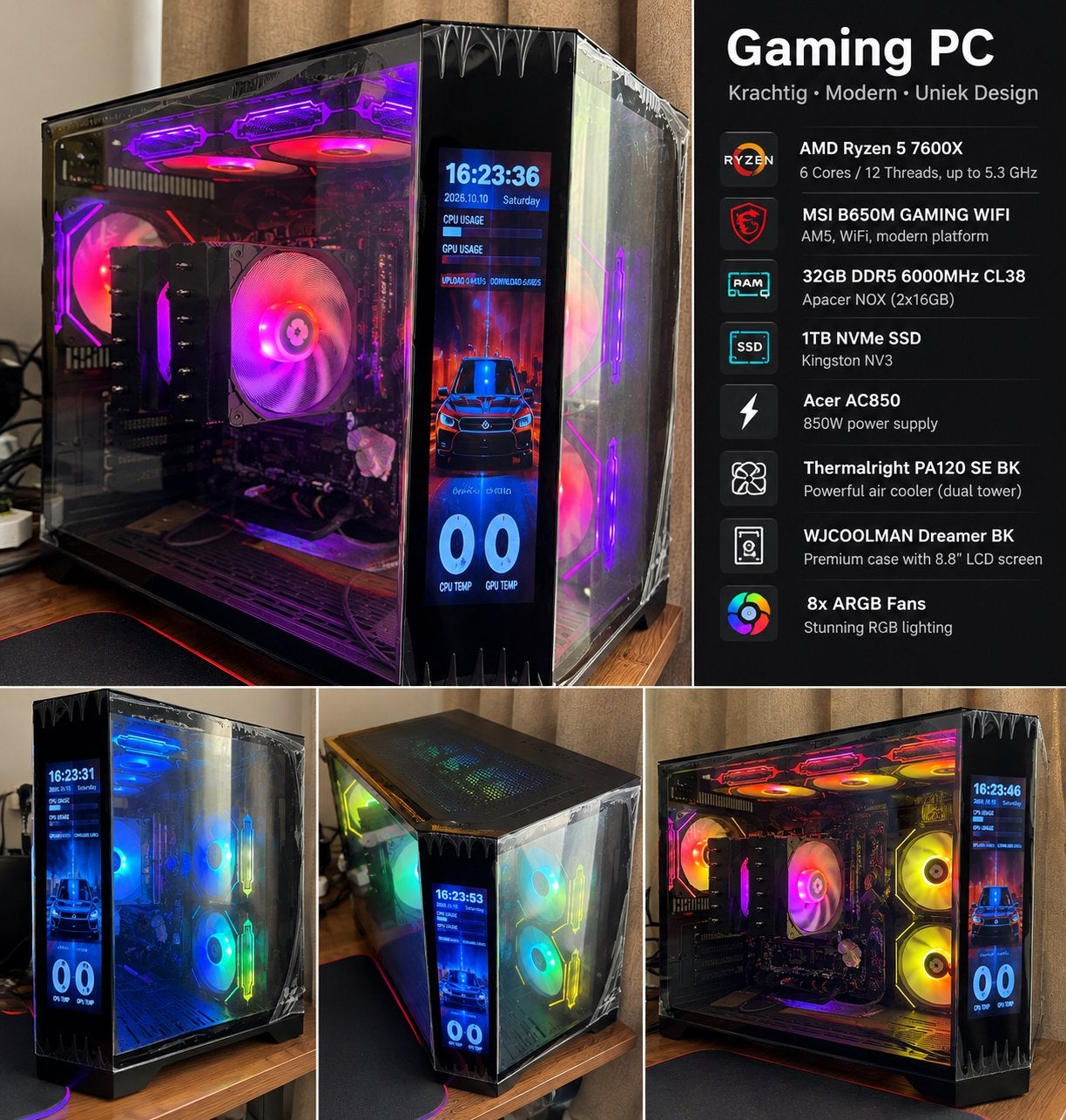 Gaming PC Ryzen 5 7600X | 32GB DDR5 | 1TB SSD | RGB LCD, 32 GB, Nieuw, Ophalen of Verzenden, Gaming