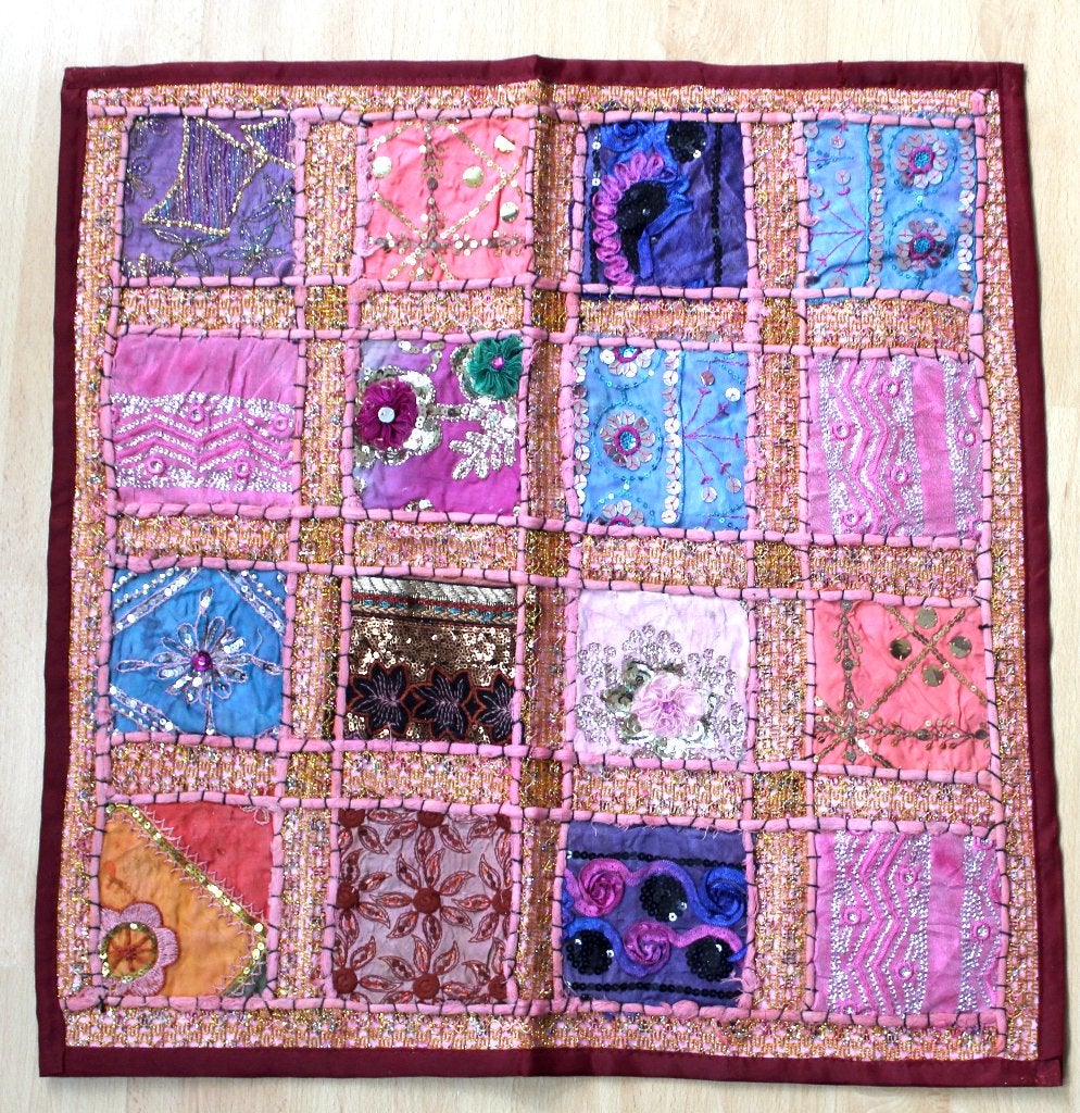 ROZE XL Patchwork Bohemian kussenslopen Gujarati pailletten, Antiek en Kunst, Handgemaakt, 61 cm, Textiel, Ophalen of Verzenden