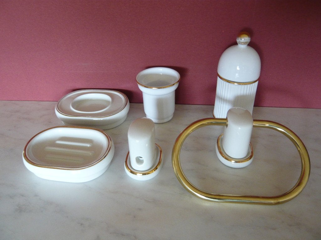 badkamerset 6 delig Marchi Porcellane Italy wit goud, Toilet-accessoire, Ophalen of Verzenden, Zo goed als nieuw, Wit