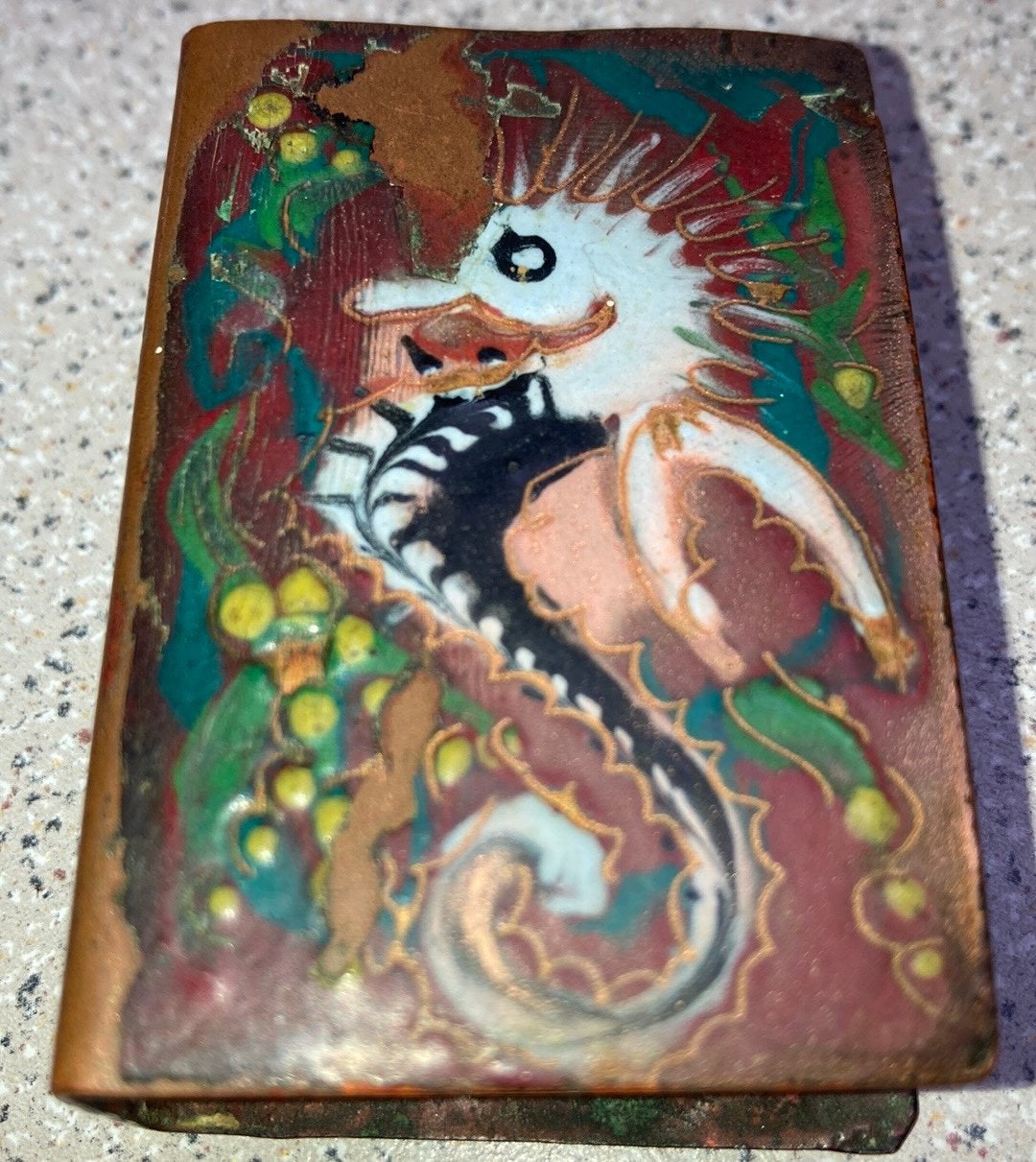 Oude emaille en roodkoperen luciferhouder Zeepaardje, Ophalen